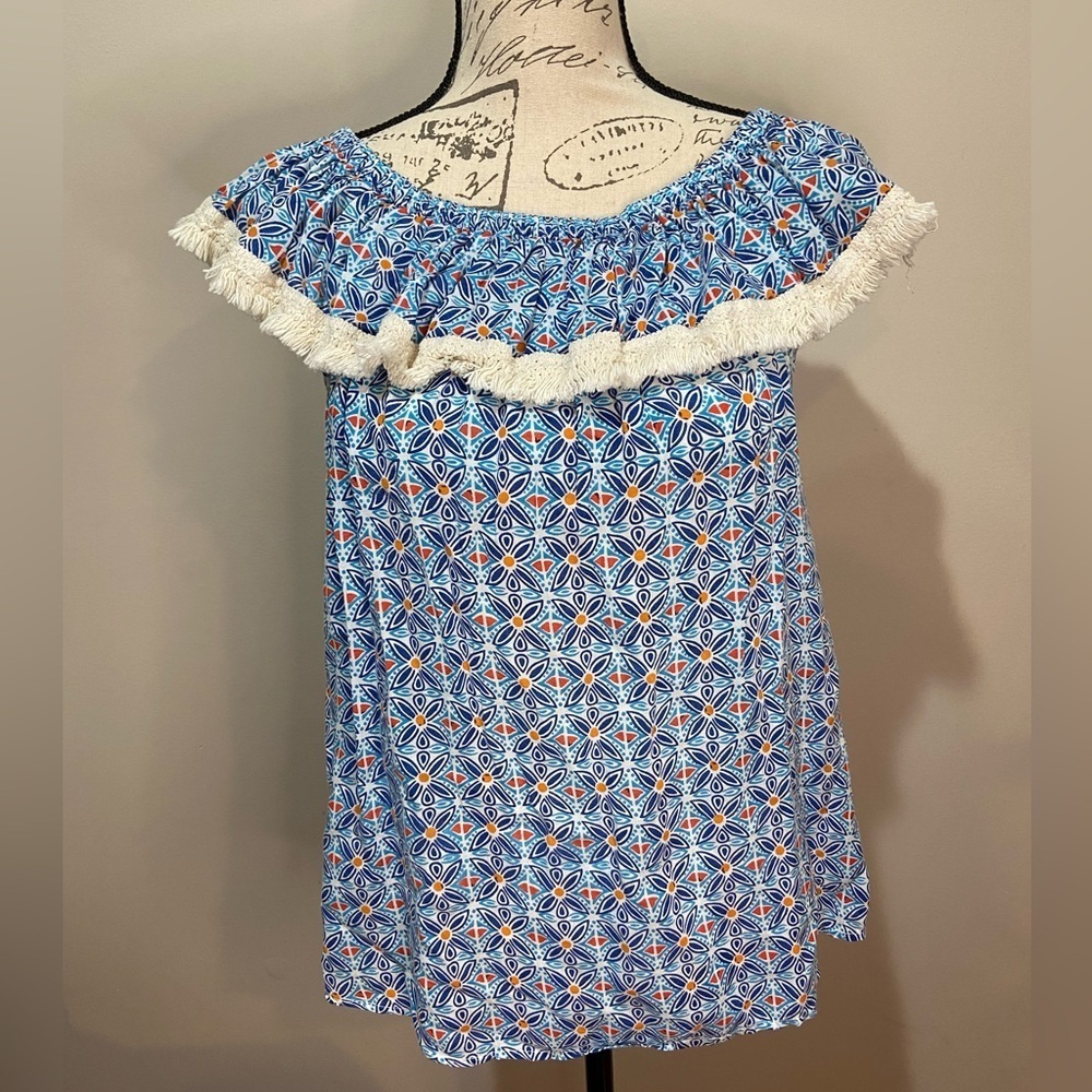 ROBERTA ROLLER RABBIT Lucia Fringe Off Shoulder Top Blue‎ Tile Print sz S
